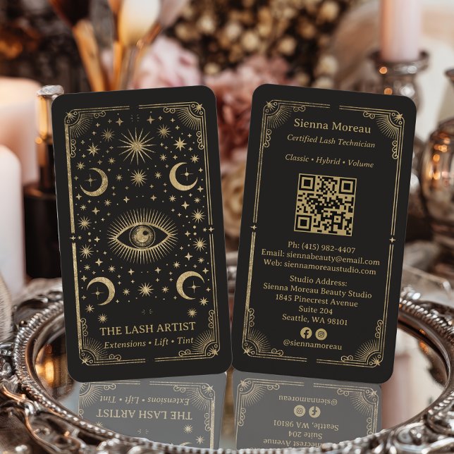 Tarjeta De Visita Código QR del artista de pestañas Tarot Celestial  (Gold Retro Celestial Tarot Lash Artist QR Code Business Card)