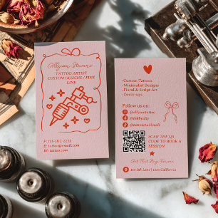 Tarjeta De Visita Código QR del artista de tatuajes de doodles rosad