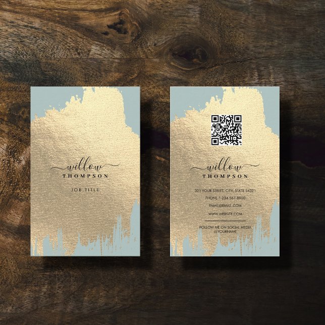 Tarjeta De Visita Código QR del cepillo de Relieve metalizado dorado (Sage Green Rose Gold Foil Brush Stroke QR Code Business Card)