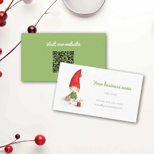 Tarjeta De Visita Código QR del elfo del invierno lindo haciendo jug