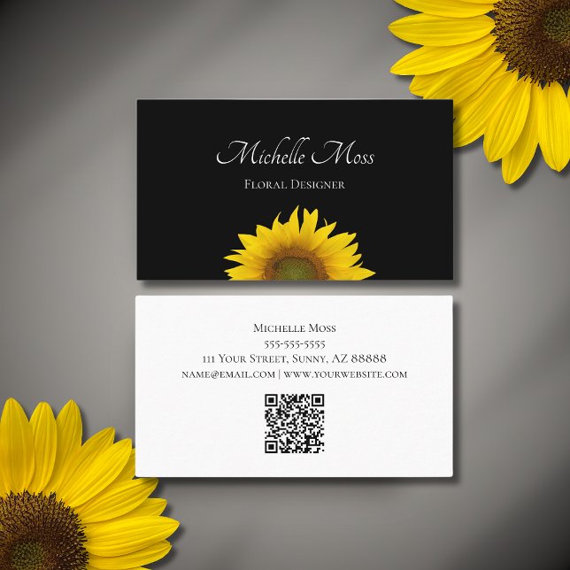 Tarjeta De Visita Código QR del girasol Boho Negro botánico (Subido por el creador)