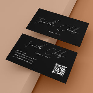 Tarjeta De Visita Código QR del guión manuscrito simple puro negro