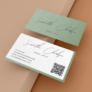 Tarjeta De Visita Código QR del guión manuscrito verde de sabio simp