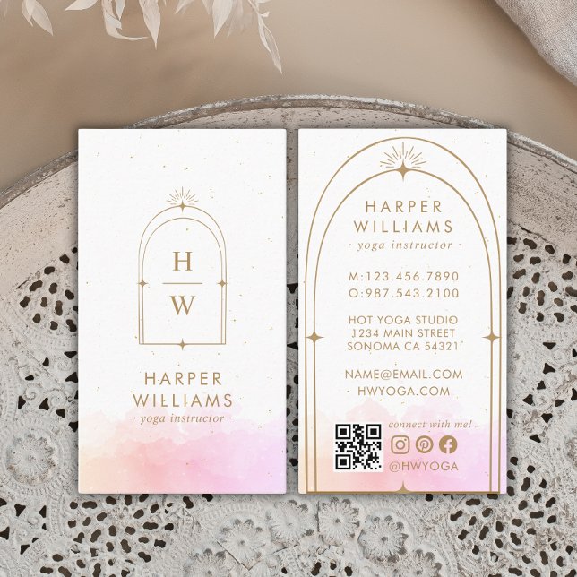 Tarjeta De Visita Código QR del instructor de yoga en monograma rosa (Subido por el creador)