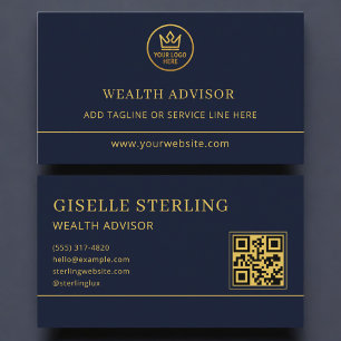Tarjeta De Visita Código QR del logotipo azul dorado del asesor de r