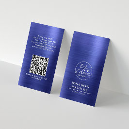 Tarjeta De Visita Código QR del logotipo azul metálico cepillado pro