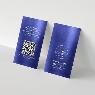 Tarjeta De Visita Código QR del logotipo azul metálico cepillado pro