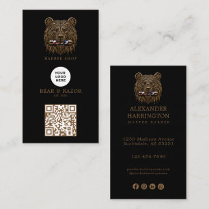 Tarjeta De Visita Código Qr del logotipo de la barbería del oso de b