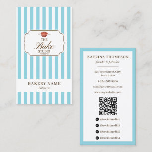 Tarjeta De Visita Código QR del logotipo de panadería de rayas azule