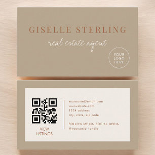 Tarjeta De Visita Código QR del logotipo neutral beige del agente in