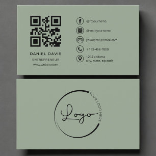 Tarjeta De Visita Código QR del logotipo verde sabio del emprendedor
