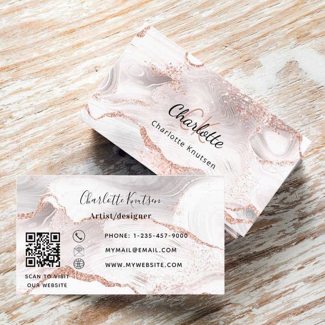 Tarjeta De Visita código QR del monograma de mármol de agajo blanco  (Subido por el creador)