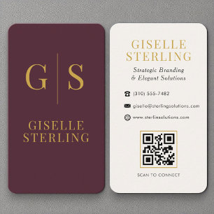 Tarjeta De Visita Código QR del Monograma Dorado de Lujo de Borgoña
