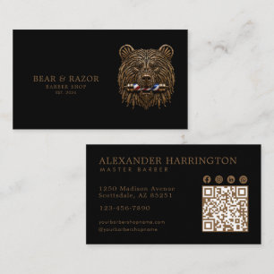 Tarjeta De Visita Código Qr del Oso de Bronce de Barbería Profesiona
