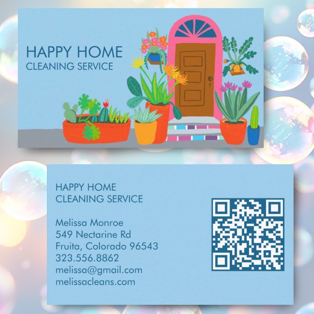 Tarjeta De Visita Código QR del Personalizado de la puerta delantera (Cute custom business cards with QR code. Hand drawn unique design with colorful front door and bloom)