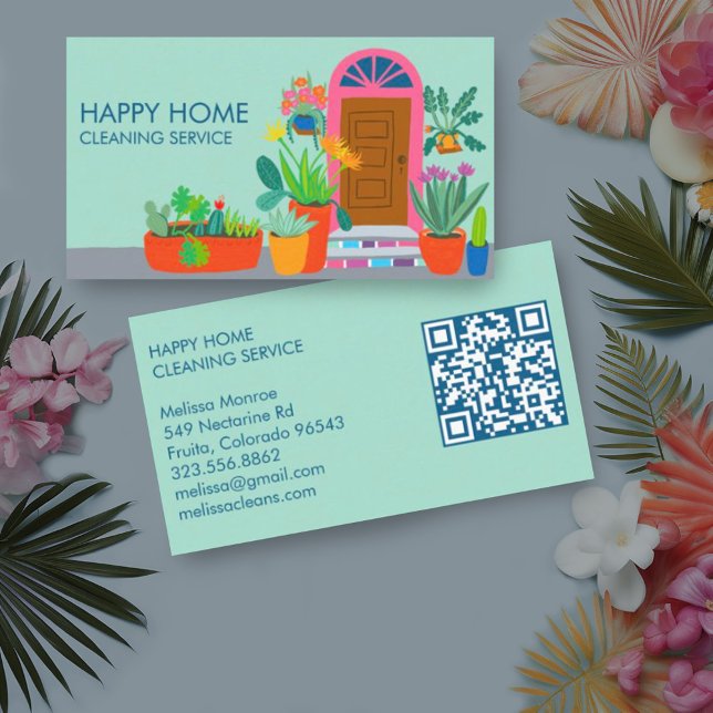 Tarjeta De Visita Código QR del Personalizado de la puerta delantera (Cute front door with lots of plants custom business card for cleaning services with custom QR code)