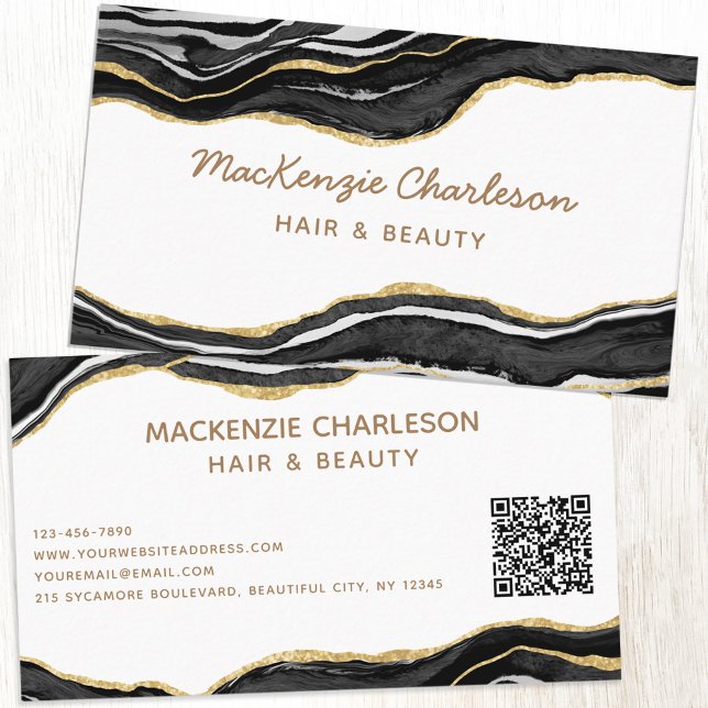 Tarjeta De Visita Código QR del Purpurina de oro de la aglomeración  (Black and white agate marble faux gold custom business card with QR code)