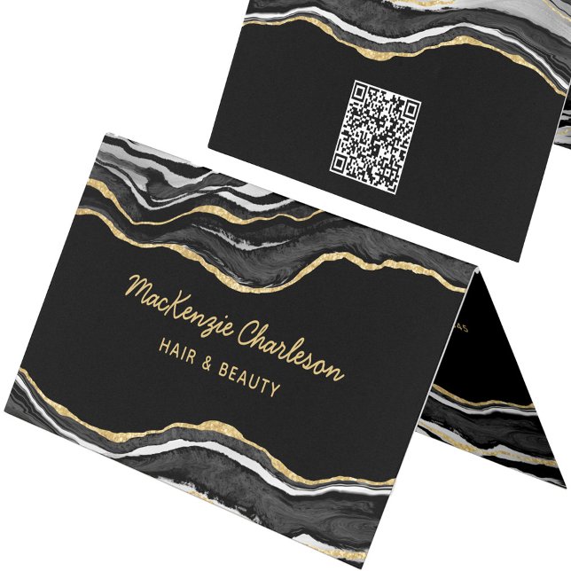Tarjeta De Visita Código QR del Purpurina de oro de la aglomeración  (Black marble agate with faux gold glitter custom business card with QR code)