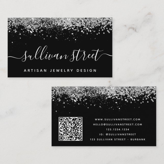 Tarjeta De Visita Código QR del Purpurina holográfico de plata negra (Anverso / Reverso)
