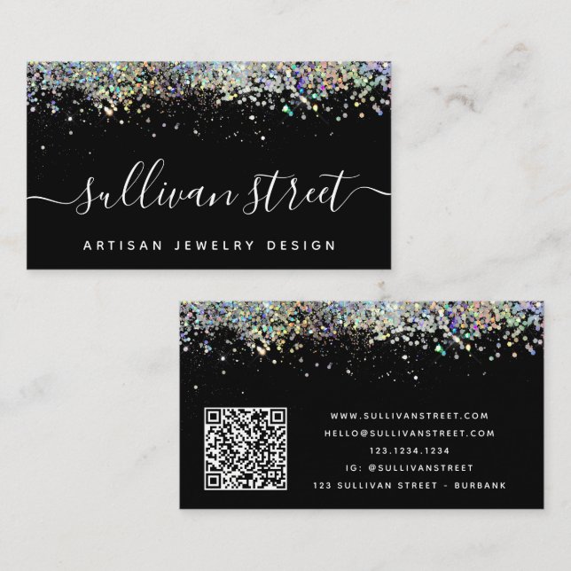 Tarjeta De Visita Código QR del Purpurina holográfico negro (Anverso / Reverso)