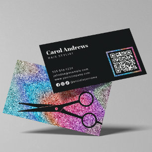 Tarjeta De Visita Código QR del Salón de Cabello Negro Modern Sparkl