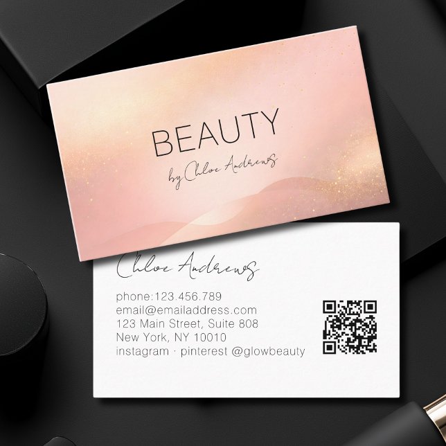 Tarjeta De Visita Código QR del Salón de Gradiente de Brillo Dorado  (Blush Gold Glow Gradient Salon QR Code Business Card)
