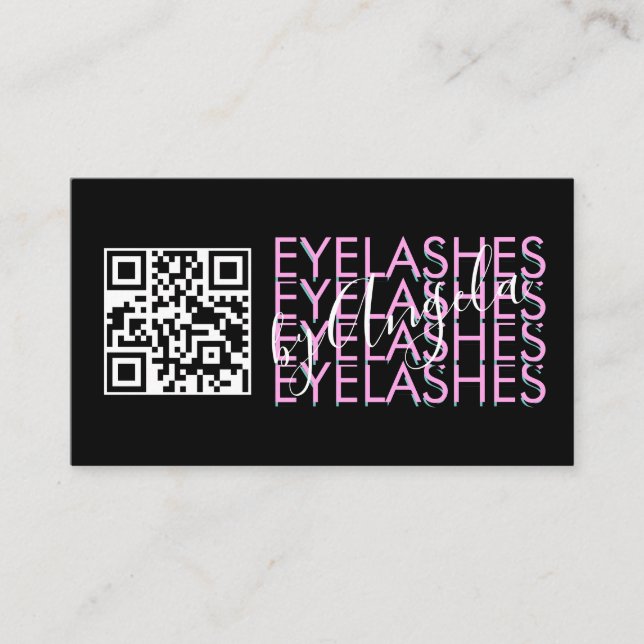 Tarjeta De Visita Código QR del Salón de Pestañas Rosa Negro Script (Anverso)