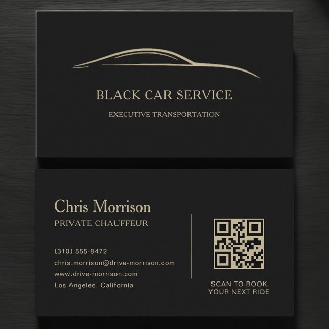 Tarjeta De Visita Código QR del servicio de coche negro negro y dora (Subido por el creador)