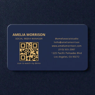 Tarjeta De Visita Código QR dorado azul marino