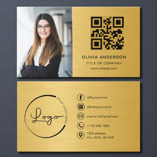 Tarjeta De Visita Código QR dorado de foto profesional en redes soci