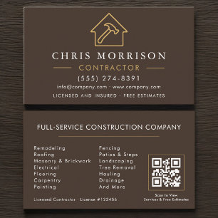 Tarjeta De Visita Código QR dorado marrón de construcción de edifici