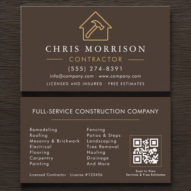 Tarjeta De Visita Código QR dorado marrón de construcción de edifici (Subido por el creador)