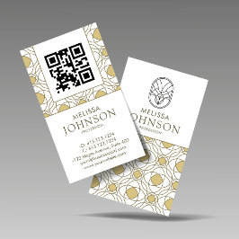 Tarjeta De Visita Código QR Dorado Vertical Arte Deco Moderno