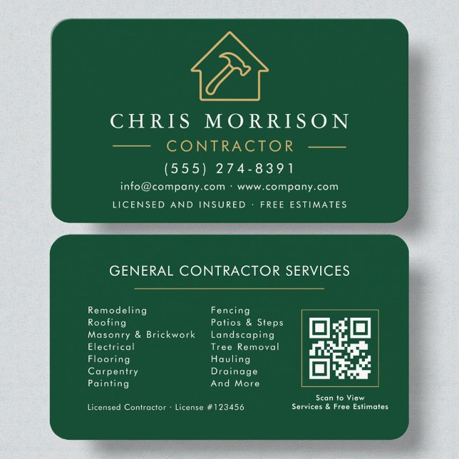 Tarjeta De Visita Código QR dorado y verde de construcción moderna g (Subido por el creador)