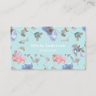 Tarjeta De Visita código QR Dusty Blue Coral Floral Femenino Chic