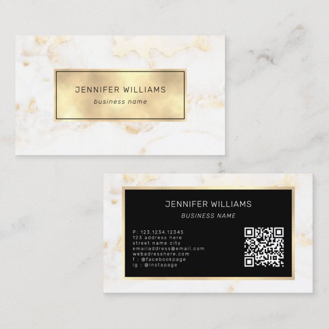 Tarjeta De Visita Código QR Elegante de oro moderno Mármol blanco (Anverso / Reverso)