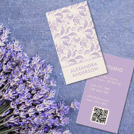Tarjeta De Visita Código QR elegante de patrón floral de lavanda púr