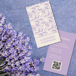Tarjeta De Visita Código QR elegante de patrón floral de lavanda púr