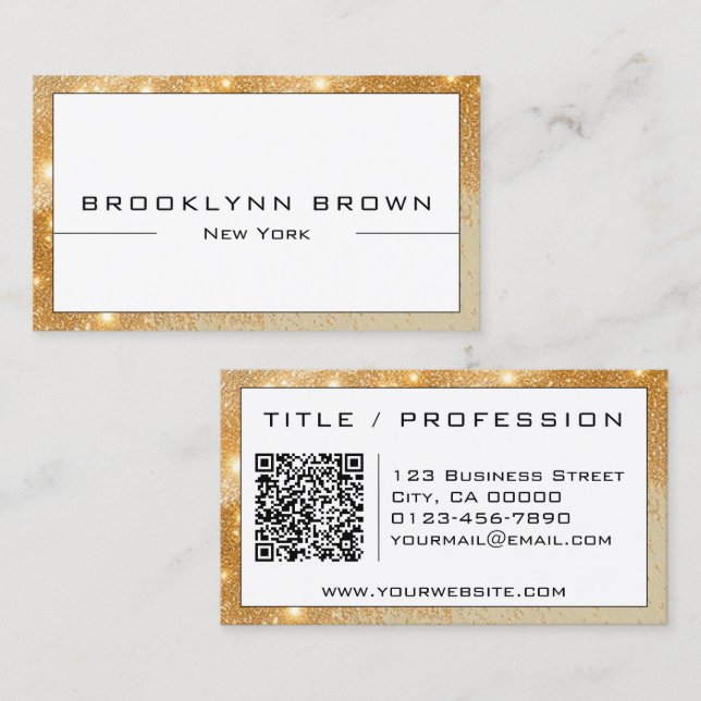Tarjeta De Visita Código QR Elegante Glam Gold Luminoso Purpurina Cl (Anverso / Reverso)