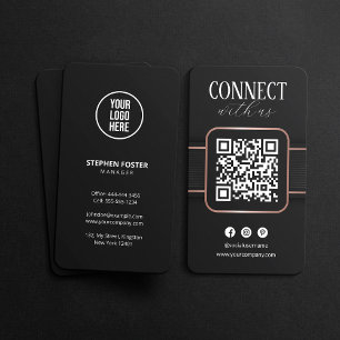 Tarjeta De Visita Código QR Elegante Rosa de Oro Negro Conéctate Con