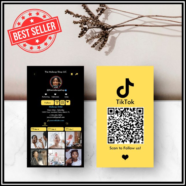 Tarjeta De Visita Código QR en medios sociales amarillo TikTok (Subido por el creador)