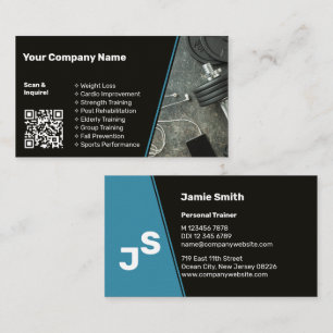 Tarjeta De Visita Código QR Entrenador personal negro y azul
