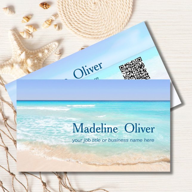 Tarjeta De Visita Código QR Escenario de playa costera Viaje Elegant (Subido por el creador)