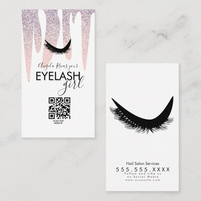 Tarjeta De Visita CÓDIGO QR Eyelash Girly Purpurina rosado goteo (Anverso / Reverso)