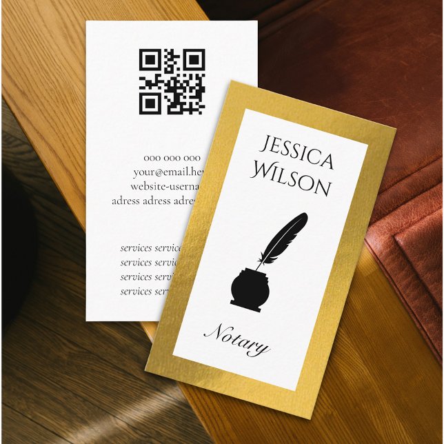 Tarjeta De Visita Código QR feather gold frame business card (QR code notary feather gold frame business card)