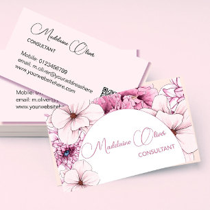 Tarjeta De Visita Código QR Femenino Elegante Floral Rosa Blanco