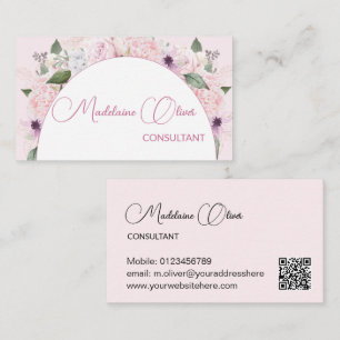 Tarjeta De Visita Código QR Femenino Moderno Floral Rosa Blanco Eleg