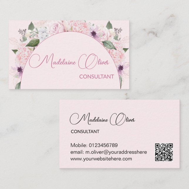 Tarjeta De Visita Código QR Femenino Moderno Floral Rosa Elegante (Anverso / Reverso)