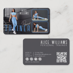 Tarjeta De Visita Código QR Fitness Blue & Gray Personal Trainer Fot