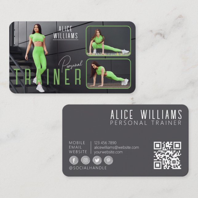 Tarjeta De Visita Código QR Fitness Green Gray Personal Trainer Foto (Anverso / Reverso)